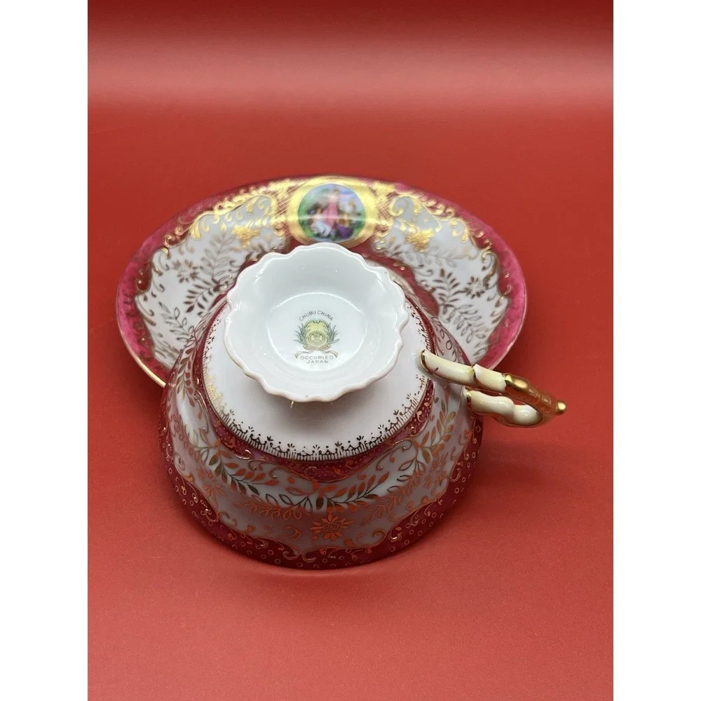 Hand Painted Chubu China Occupied Japan Porcelain Cup & Saucer Raised Gold Trim